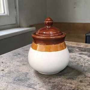 Stoneware Jam Jelly Or Honey Jar, Three Tone Beige & Brown Crock Lidded Canister